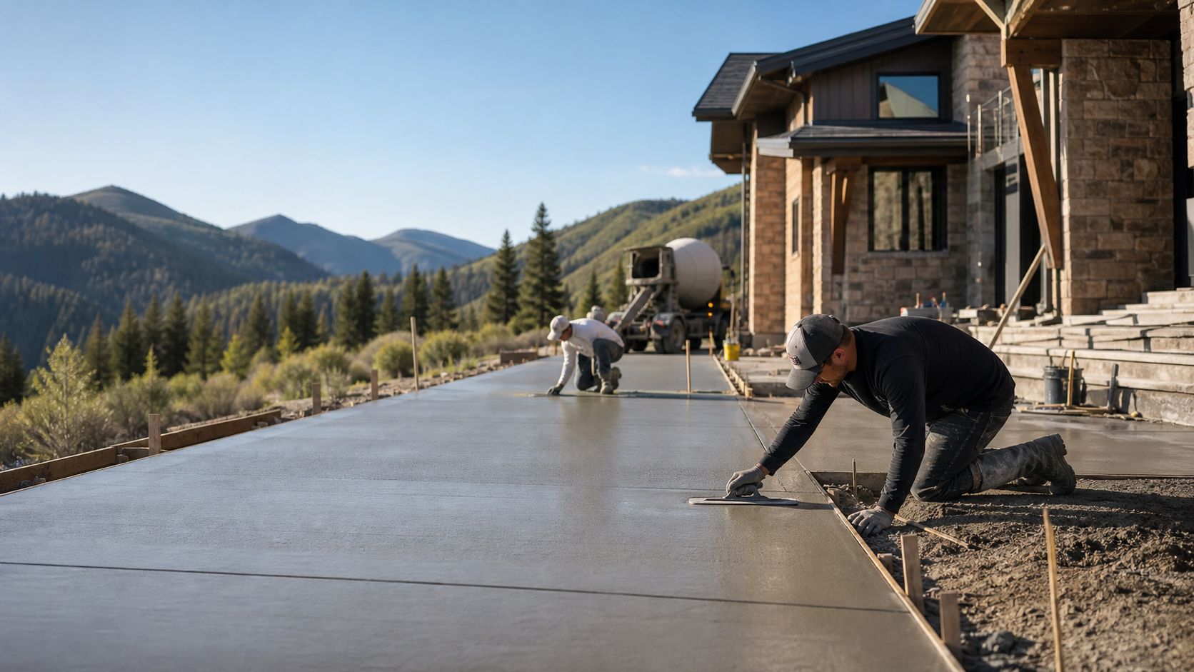 Concrete flatwork being finished at a Heber City mountain home